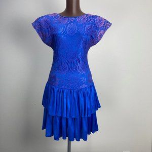 Vintage 90's Blue Lace Ruffle Bow Formal Dress